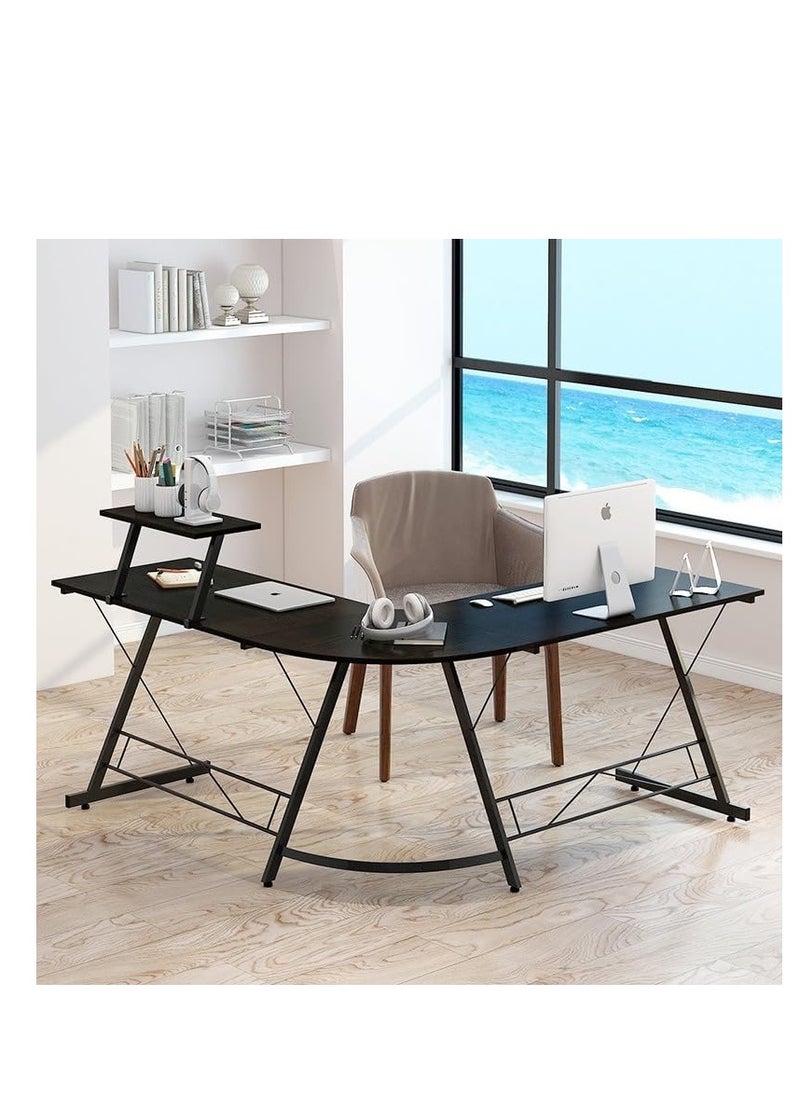 KASINDA - Kasinda L-Shaped Computer Desk, Come's With Lighting Mouse Gift, Home Office Corner Table with Monitor Stand, Space-Saving, Easy Assembly (Black) - Image 1