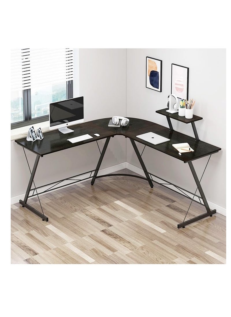 KASINDA - Kasinda L-Shaped Computer Desk, Come's With Lighting Mouse Gift, Home Office Corner Table with Monitor Stand, Space-Saving, Easy Assembly (Black) - Image 1