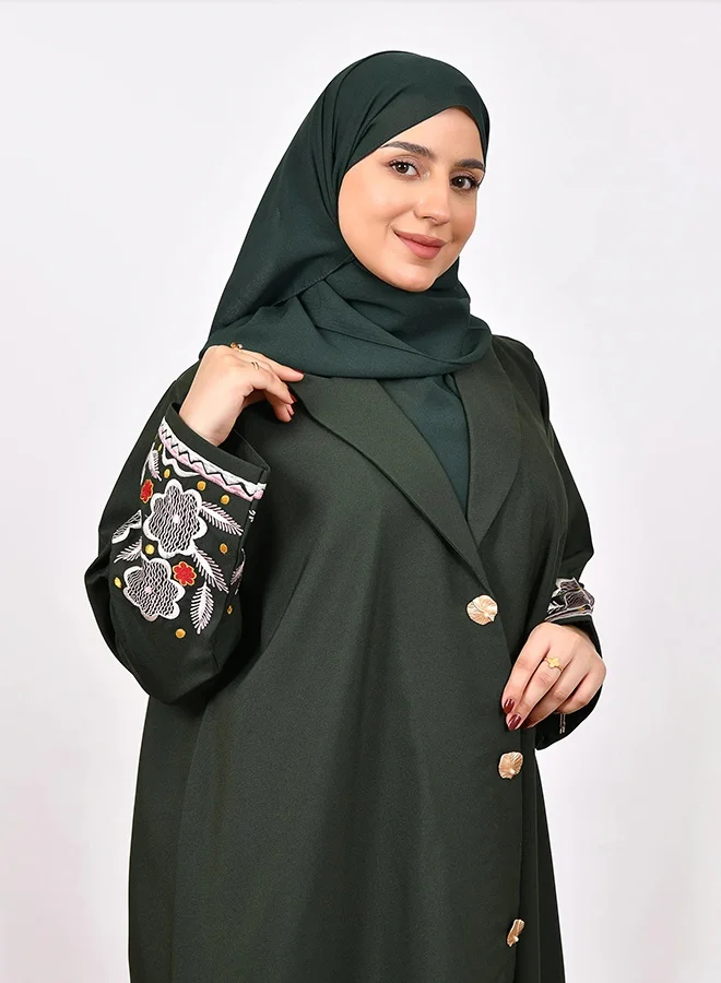 عبايات لمحة عباية زيتي غامق (أخضر داكن) بياقة كلاسيكية وأزرار ذهبية - أكمام مطرزة بتصميم زهري فاخر