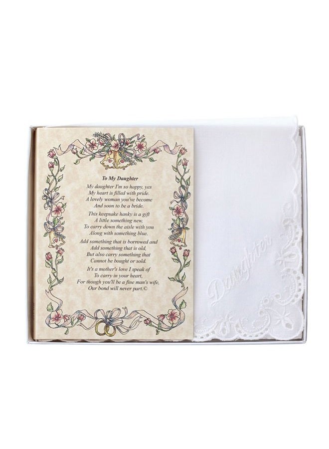 Wedding Collectibles Handkerchief Poetry Hankie (Mother to Daughter) White, Lace Embroidered Bridal Keepsake, Beautiful Poem | Long-Lasting Memento for The Bride | Includes Gift Storage Box - Image 1