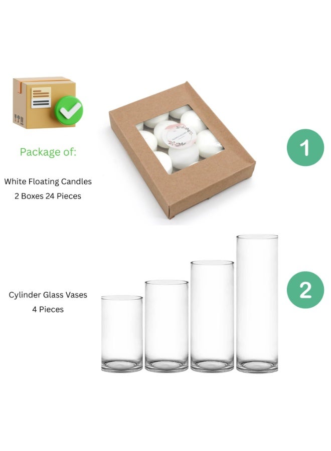 Mado Gallery Glass Cylinder Vases Set of 4 Decorative Flower & Candle Holders for Home or Wedding | Floating & Pillar Candles Choice Available (Buy It With Pack Of 24 Pieces White Floating Candles) - Image 3