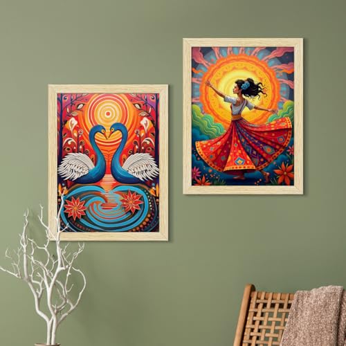 ArtX Paper Madhubani Paintings with Frame for Home Decor, Wall Painting for Living Room, Multicolor Art, Natural Wood Color Frames, Set of 4 - Image 2
