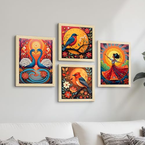 ArtX Paper Madhubani Paintings with Frame for Home Decor, Wall Painting for Living Room, Multicolor Art, Natural Wood Color Frames, Set of 4 - Image 1