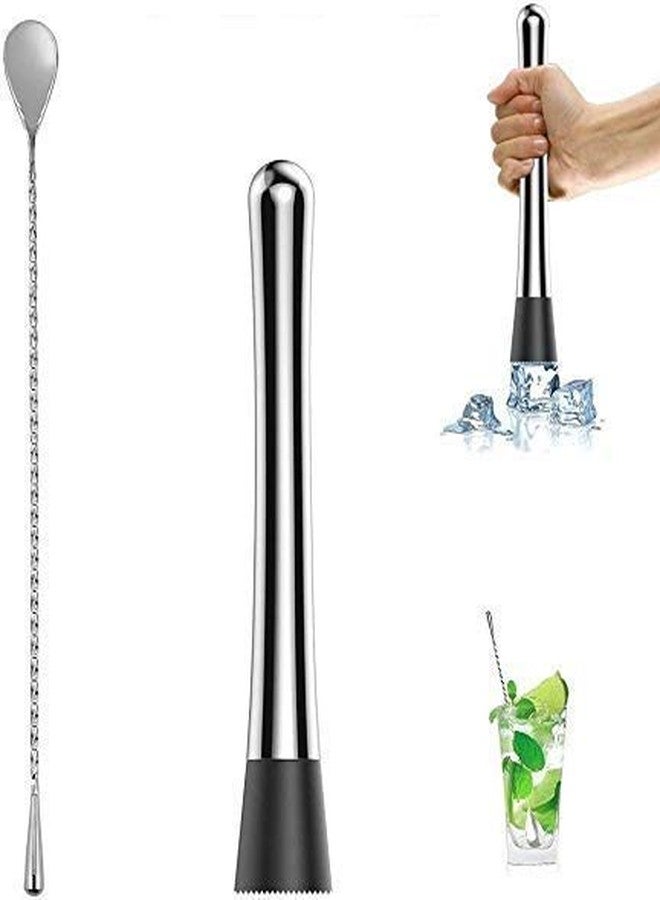 Ranart Cocktail Bar Muddler 8" Stainless Steel Drink Muddler & Mixing Spoon 12" with Long Spiral Handle to Create Refreshing Drinks, Cocktail Spoon, Bartender Tools: 2 Pcs. - Image 1