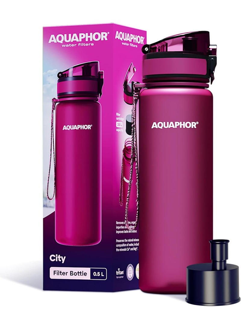 Aquaphor City Water Filter Bottle 500ml, Portable Travel Water Purifier Bottle with Activated Carbon Filter, BPA-Free Tritan Material, Reduces Chlorine & Odor, Eco-Friendly Reusable Bottle For Daily Use (RUBY) - Image 1