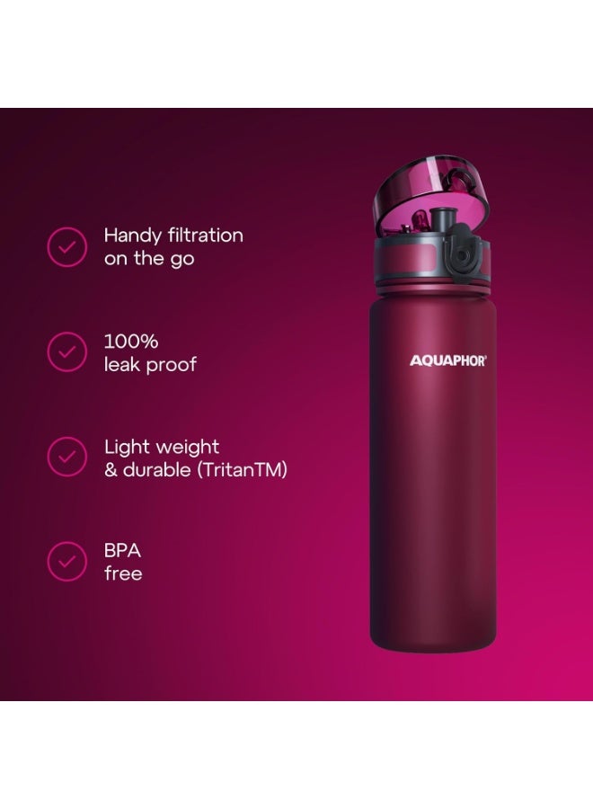 Aquaphor City Water Filter Bottle 500ml, Portable Travel Water Purifier Bottle with Activated Carbon Filter, BPA-Free Tritan Material, Reduces Chlorine & Odor, Eco-Friendly Reusable Bottle For Daily Use (RUBY) - Image 2