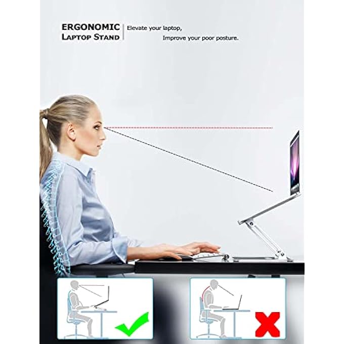 rayihni ADJUSTABLE LAPTOP STAND FOR DESK, ERGONOMIC ALUMINUM LAPTOP RISER FOR 10-17.3Â€ LAPTOPS, COMPATIBLE WITH MACBOOK AIR/PRO, DELL, HP, LENOVO, SURFACE, HUAWEI, XIAOMI - Image 3
