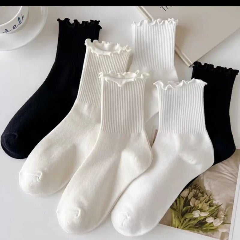 Black White Ruffled Lace Womens Knee-High Socks Black  - Image 4