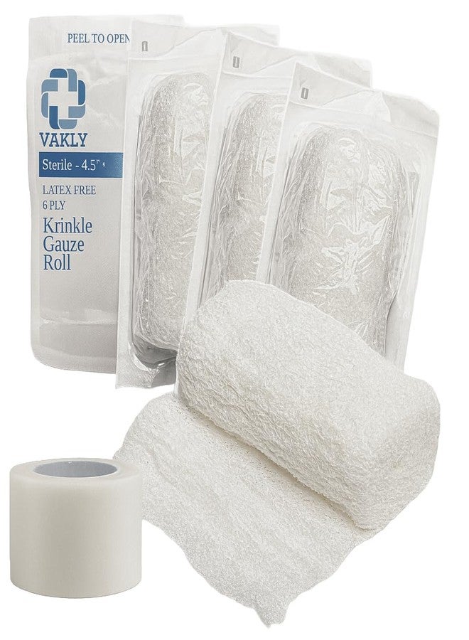 Vakly Sterile Krinkle Kerlix Type Gauze Bandage Rolls [5 Pack] Highly Absorbent Fluff 100% Cotton Bandages Roll 4.5"x4.1yds 6-Ply - Individually Wrapped Mesh Gauzes + Medical Tape - Packaging May Vary - Image 1
