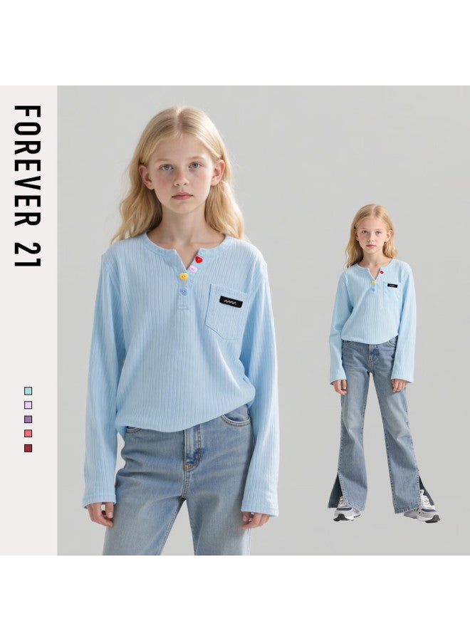 Forever21 Girls' Long Sleeve Colorblock T-shirt  New Spring Kids' Top Children's Base Shirt - Image 1