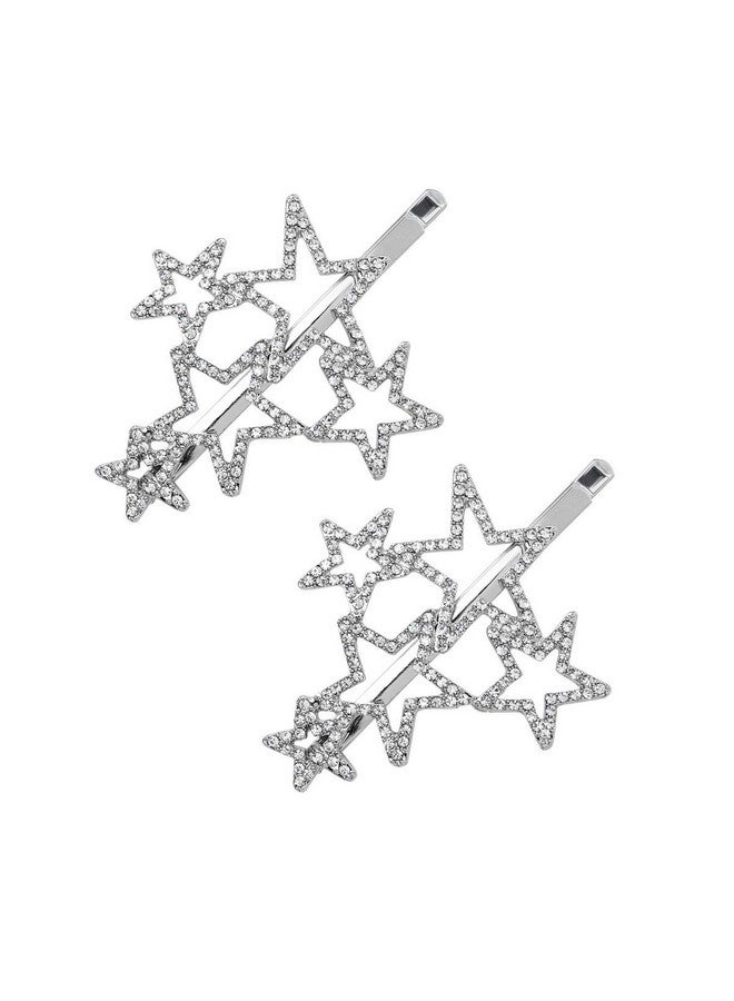 Teppylony 2Pcs Woman Silver Star Shape Shining Rhinestone Crystal Hairpin Hair Clip Metal Alloy Barrettes Hair Accessories For Party Wedding - Image 2