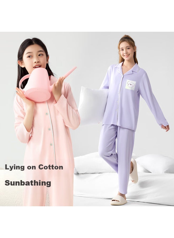 Long time companion Longevity Companion Children's Pajamas Girls' Spring And Summer Cotton Cardigan Home Wear Moisture Wicking Sweat Suit - Image 2