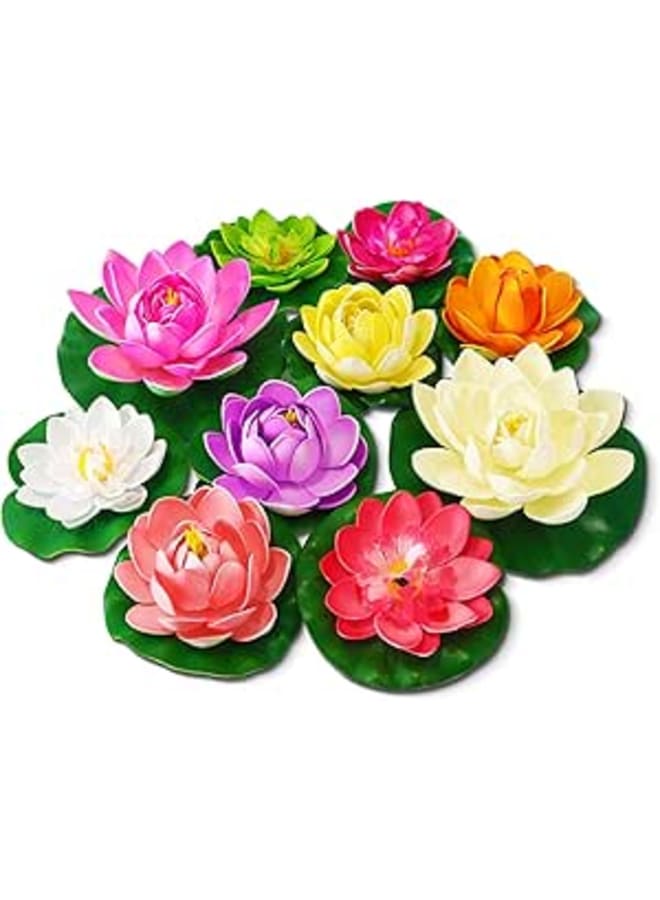 Generic Artificial Lotus Flowers Water Lilies for Pond Pool, 10 Pcs Realistic Floating Foam Lotus Flowers with Lily Pads for Ponds, 4" and 6" Large Lifelike Water Lilies for Fountain Garden Pond Decoration