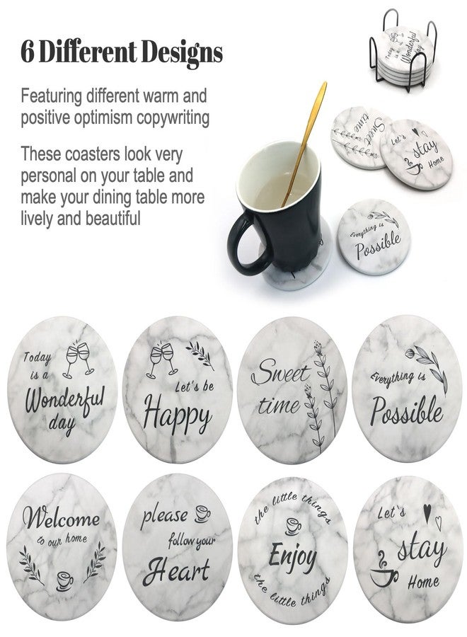 Yuheybe Ceramic Coasters Set of 8, Drink Coasters with Cork Base, Round Marble Style Absorbent Farmhouse Coaster with Holder and Sayings - Image 5