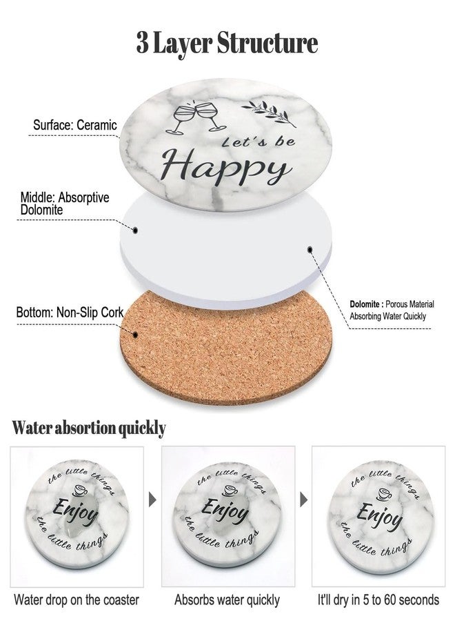 Yuheybe Ceramic Coasters Set of 8, Drink Coasters with Cork Base, Round Marble Style Absorbent Farmhouse Coaster with Holder and Sayings - Image 3