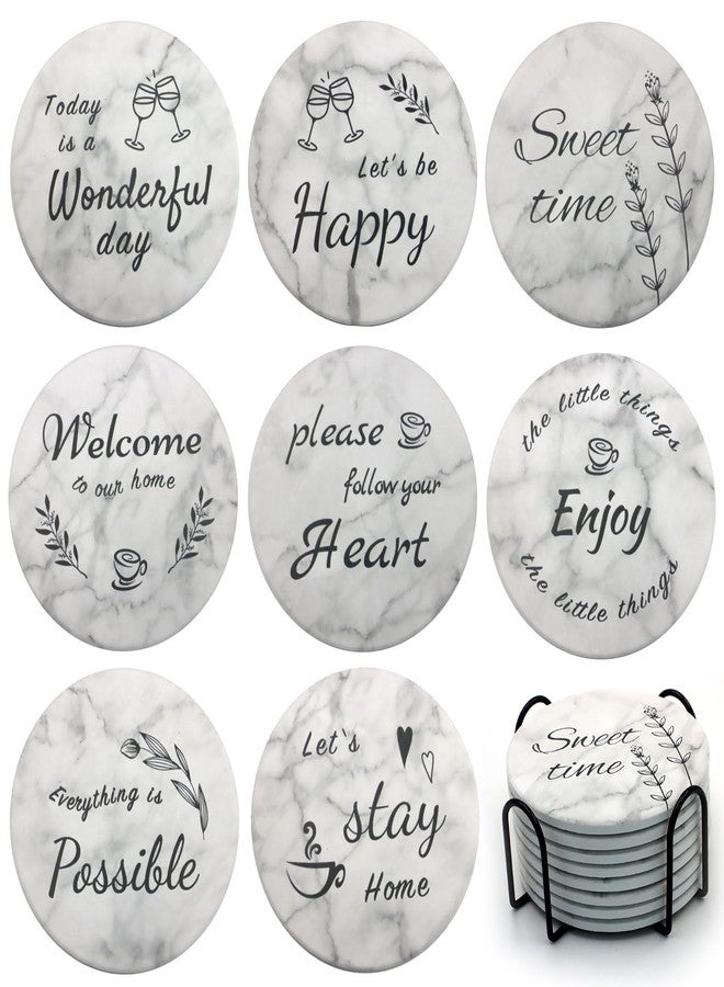 Yuheybe Ceramic Coasters Set of 8, Drink Coasters with Cork Base, Round Marble Style Absorbent Farmhouse Coaster with Holder and Sayings - Image 1