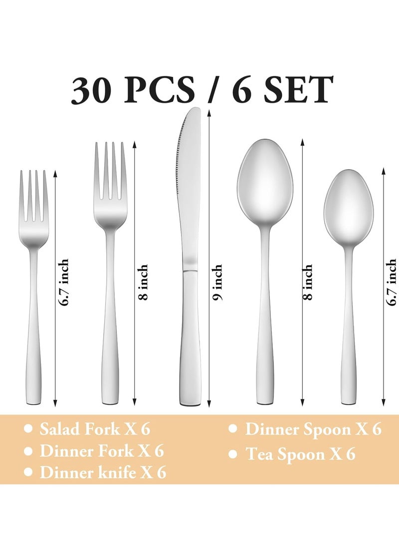 ihomeshop 30pcs Stainless Steel High End Elegant Silvery Cutlery Set, Slim Waist Delicate Handle, 4/6/8 People High-end Cutlery, Premium Steak Knife, Fork, Spoon, Dessert Spoon, Dessert Fork, Suitable For Home, Kitchen, Restaurant, Festival, Hotel, Wedding - Dishwasher Friendly  - Image 3