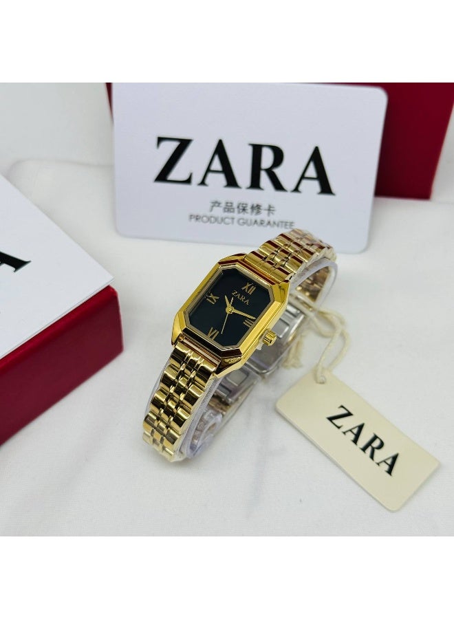 ZARA Luxury Women's All-Gold Octagonal Watch | Black Dial with Roman Numerals | Stainless Steel Bracelet