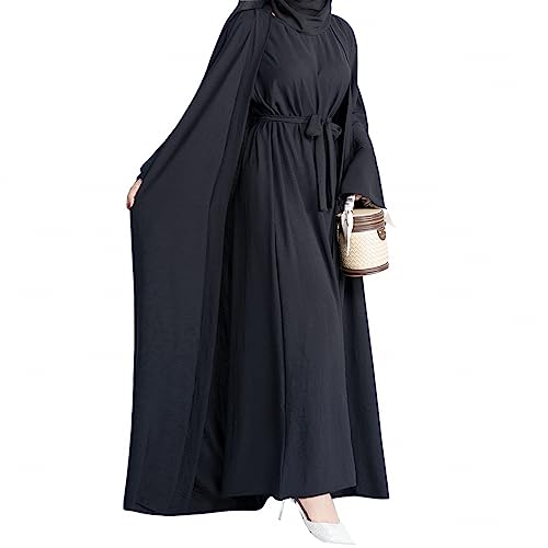 khalat 2PCS Women's Muslim Dresses Abaya Islamic Dubai Prayer Dress Robe Long Cardigan Maxi Dress Black - Image 1