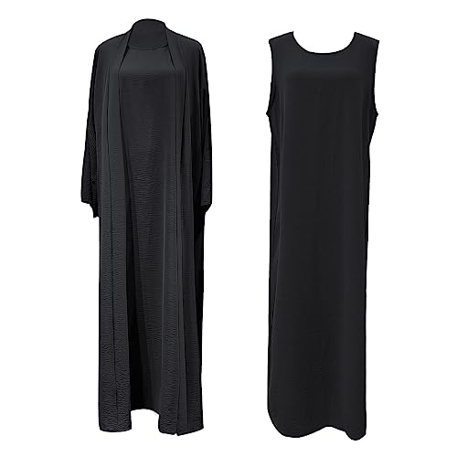 khalat 2PCS Women's Muslim Dresses Abaya Islamic Dubai Prayer Dress Robe Long Cardigan Maxi Dress Black - Image 5