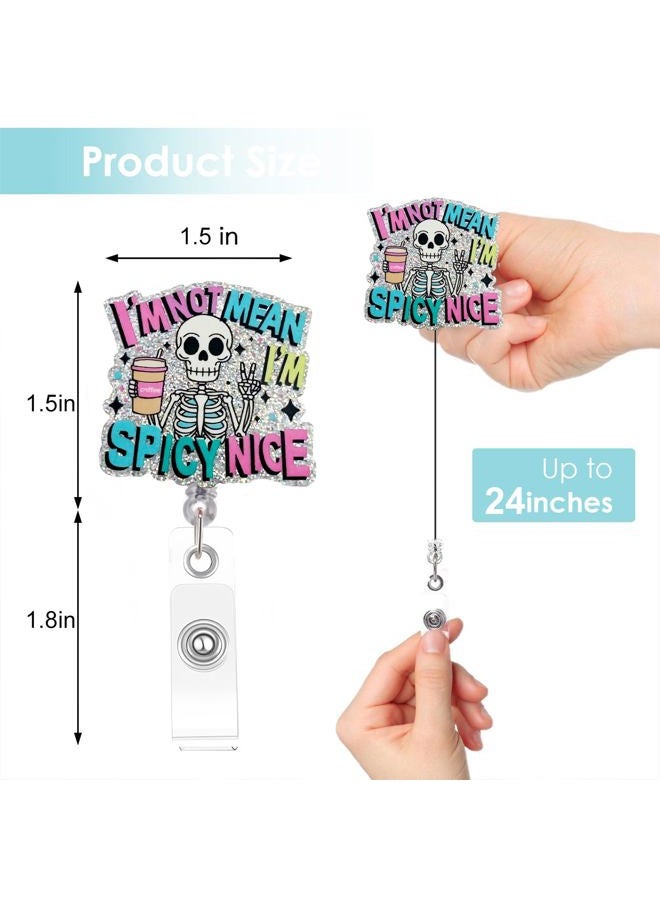 Vozekrod I'm Not Mean I'm Spicy Nice Funny Badge Reel – Skeleton Coffee ID Holder – Retractable 24" Swivel Clip – Cute Nurse Gift for Women, Students, Office Staff - Image 2