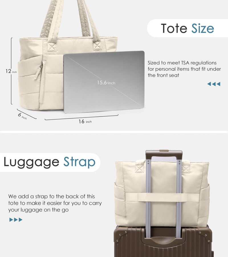 Uselike Tote Bag for Women with Zipper, Quilted Puffer Tote Bag with Compartments, Lightweight Puffy Work Bags for Women Travel (Beige - Image 5