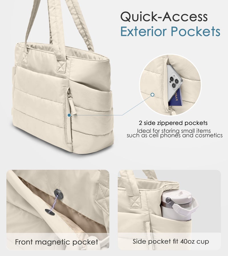 Uselike Tote Bag for Women with Zipper, Quilted Puffer Tote Bag with Compartments, Lightweight Puffy Work Bags for Women Travel (Beige - Image 3