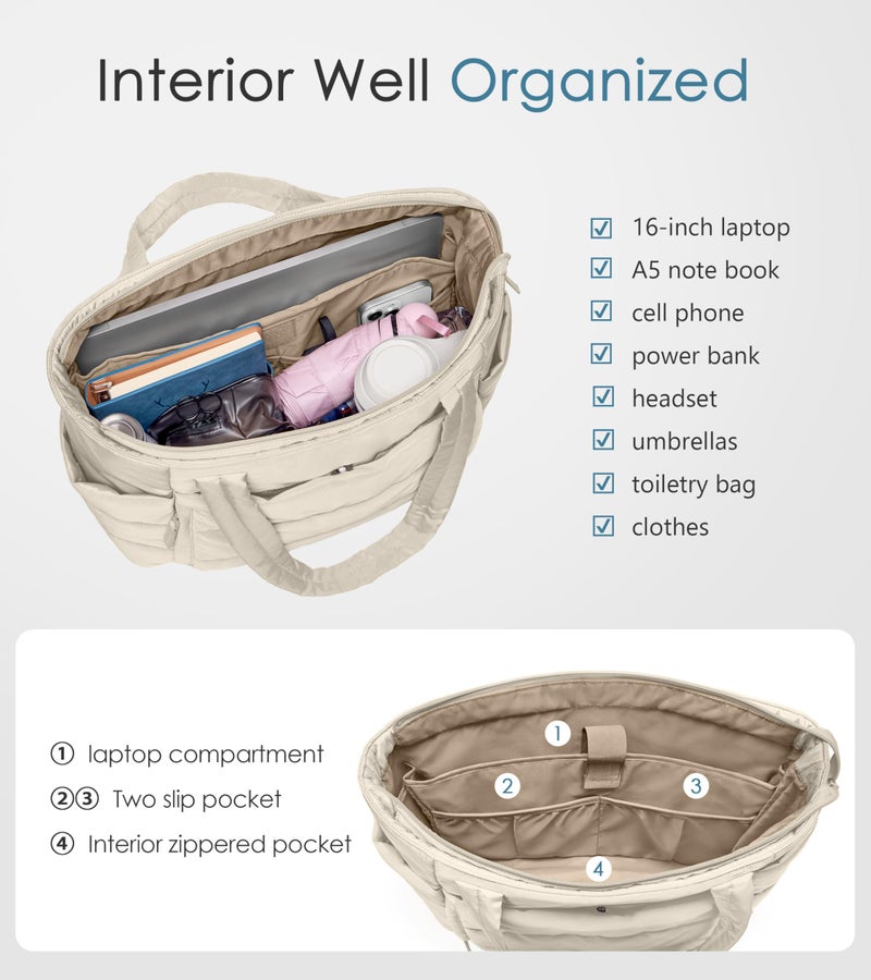 Uselike Tote Bag for Women with Zipper, Quilted Puffer Tote Bag with Compartments, Lightweight Puffy Work Bags for Women Travel (Beige - Image 4