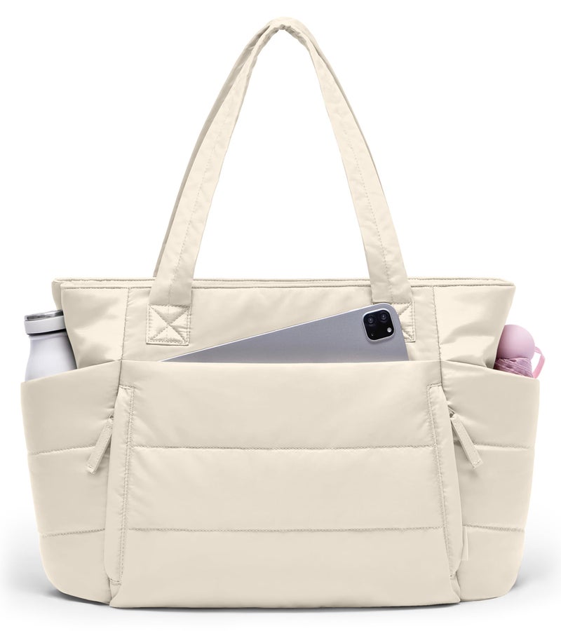 Uselike Tote Bag for Women with Zipper, Quilted Puffer Tote Bag with Compartments, Lightweight Puffy Work Bags for Women Travel (Beige - Image 1