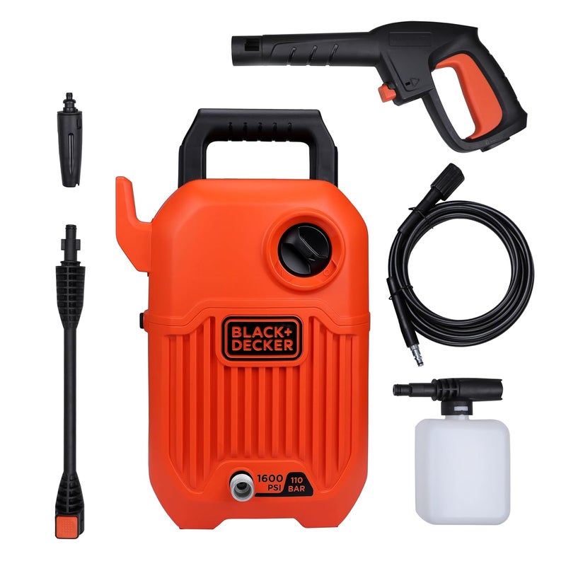 BLACK+DECKER غسالة ضغط BEPW1600 1300 واط 1600 PSI 110 بار لتنظيف السيارات والدراجات والمنازل والحدائق مع ملحقات متعددة متضمنة، ضمان لمدة سنة، برتقالي وأسود - Image 1