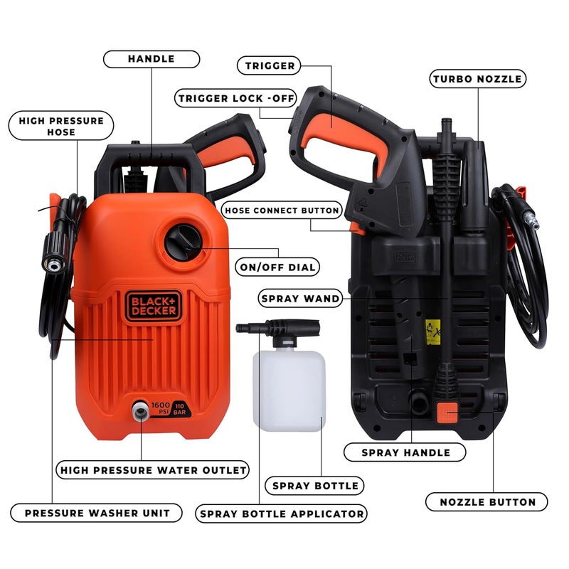 BLACK+DECKER غسالة ضغط BEPW1600 1300 واط 1600 PSI 110 بار لتنظيف السيارات والدراجات والمنازل والحدائق مع ملحقات متعددة متضمنة، ضمان لمدة سنة، برتقالي وأسود - Image 3