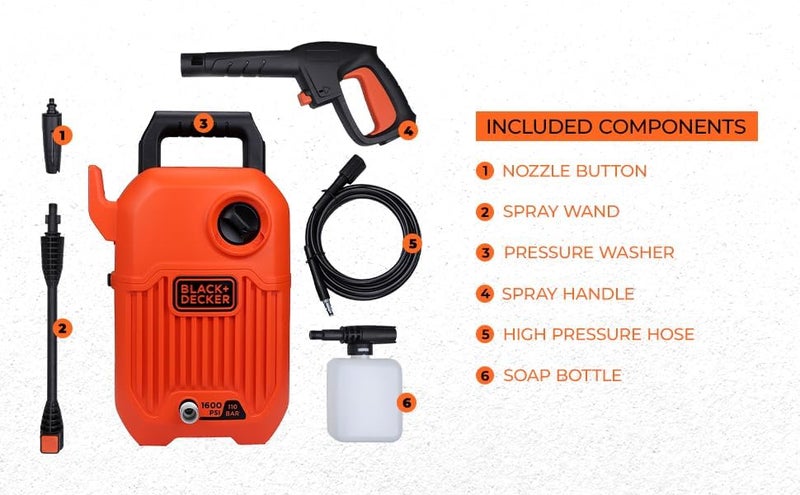 BLACK+DECKER غسالة ضغط BEPW1600 1300 واط 1600 PSI 110 بار لتنظيف السيارات والدراجات والمنازل والحدائق مع ملحقات متعددة متضمنة، ضمان لمدة سنة، برتقالي وأسود - Image 4