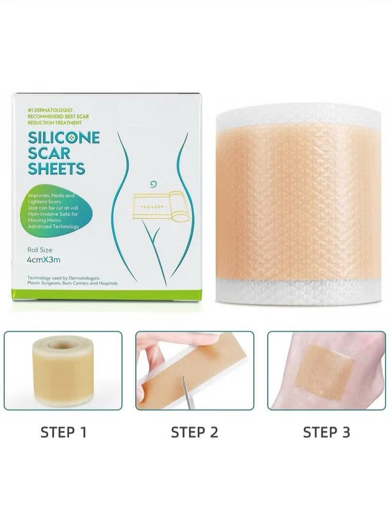 إليمي ملصق إزالة الندبات الباهتة 4 سم × 3 م، جل السيليكون لإزالة الندبات التجميلية بكفاءة، لون البشرة، لاصق ذاتي لإصلاح حروق حب الشباب - Image 1