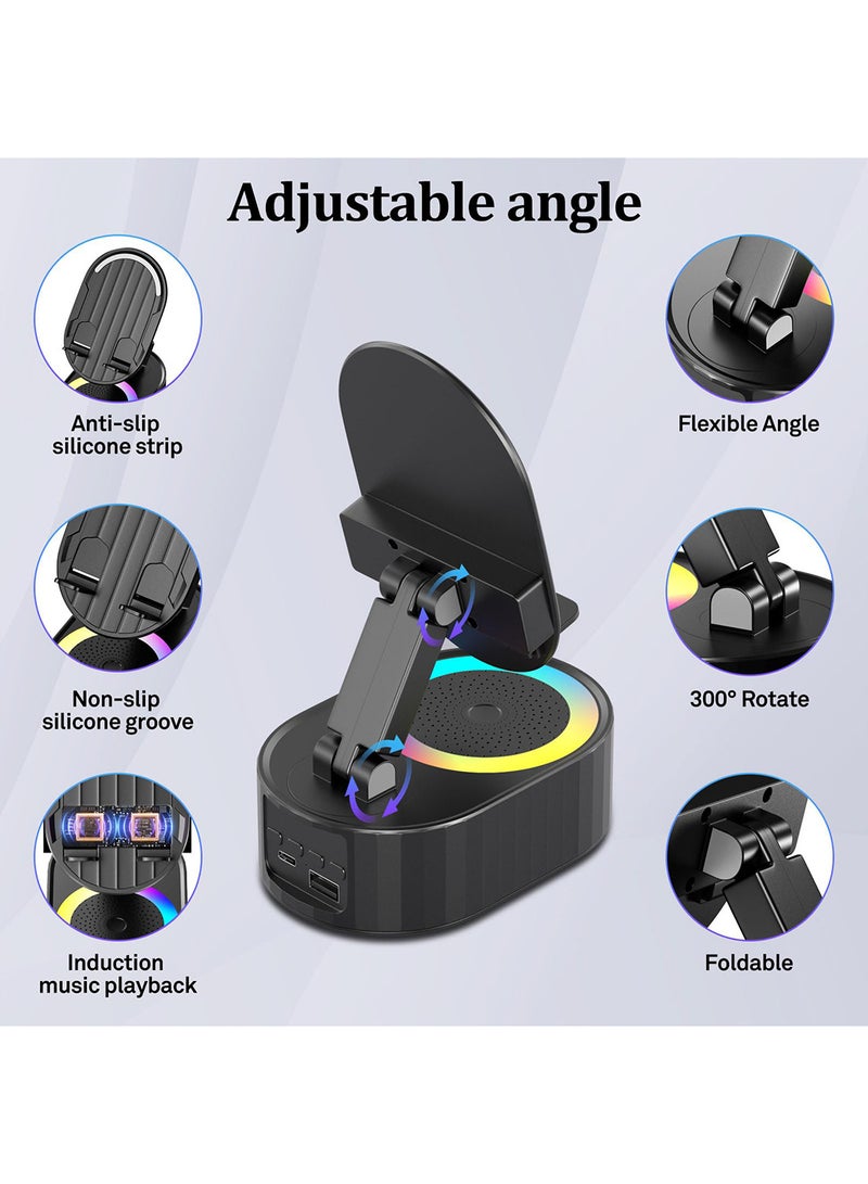 X-level Cell Phone Stand 5-In-1 Bluetooth Speaker & Phone Stand & Power Bank Rotatable 3000mAh Portable Speakers Phone Charger Stand Colorful Ambient Light 300° Foldable for Desk,  Tablet iPhone Android (Black) - Image 5
