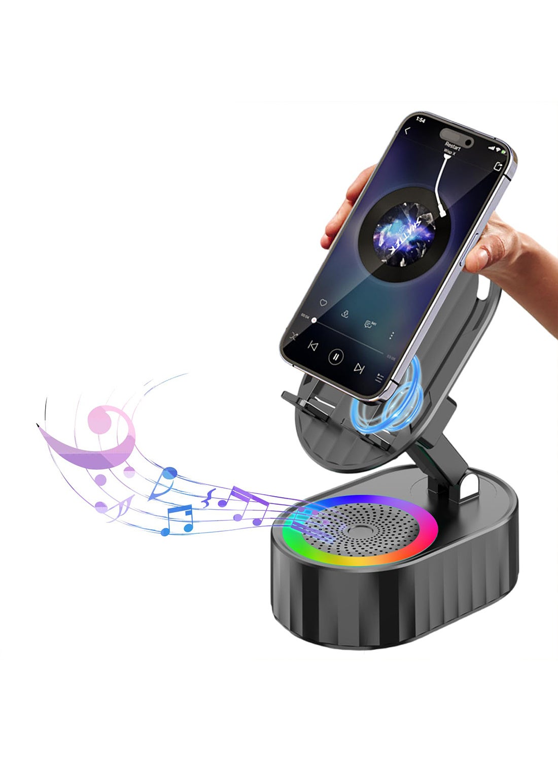 Cell Phone Stand 5-In-1 Bluetooth Speaker & Phone Stand & Power Bank Rotatable 3000mAh Portable Speakers Phone Charger Stand Colorful Ambient Light 300° Foldable for Desk, Tablet iPhone Android (Black)