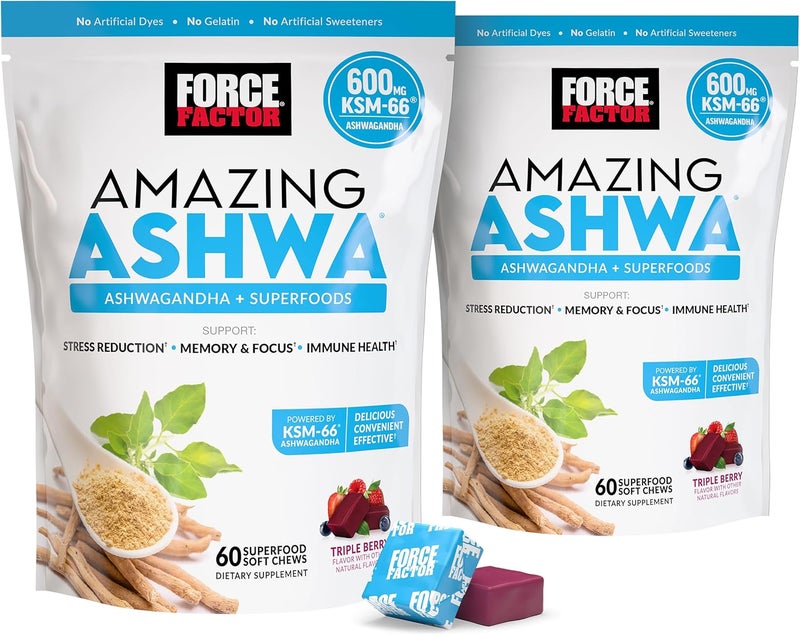 FORCE FACTOR Amazing Ashwa for Stress Relief Memory Focus and Immune Support Health Ashwaganda Supplement with KSM66 Ashwagandha for Stress 120 Soft Chews - Image 1