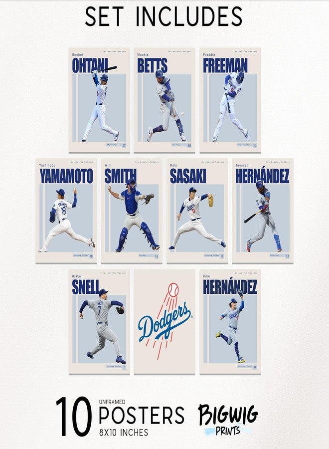 BigWig Prints Los Angeles Dodgers Player Posters, Shohei Ohtani, Yoshinobu Yamamoto, Mookie Betts, Freddie Freeman, Roki Sasaki LA Dodgers Wall Art Decor Man Cave Baseball Merch Unframed Set of 10 (11x14) - Image 3