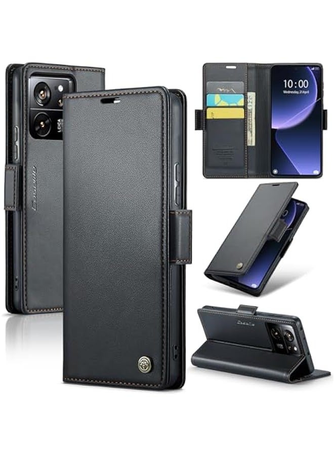 حافظة جلدية فاخرة لهاتف Xiaomi 13T\/13T Pro - حامل بطاقات ائتمانية (3 بطاقات) - مانع تشويش رقمي RFID - غلاف هاتف مغناطيسي قابل للطي ومقاوم للصدمات - اللون: أسود - Image 1