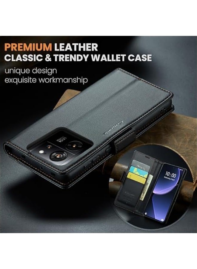 حافظة جلدية فاخرة لهاتف Xiaomi 13T\/13T Pro - حامل بطاقات ائتمانية (3 بطاقات) - مانع تشويش رقمي RFID - غلاف هاتف مغناطيسي قابل للطي ومقاوم للصدمات - اللون: أسود - Image 2