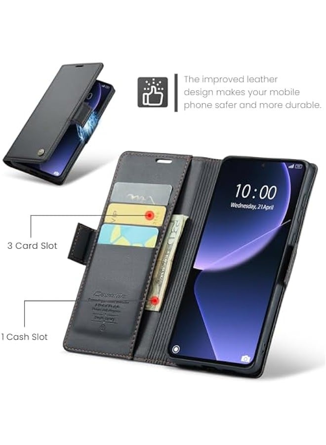 حافظة جلدية فاخرة لهاتف Xiaomi 13T\/13T Pro - حامل بطاقات ائتمانية (3 بطاقات) - مانع تشويش رقمي RFID - غلاف هاتف مغناطيسي قابل للطي ومقاوم للصدمات - اللون: أسود - Image 3