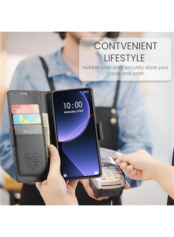 حافظة جلدية فاخرة لهاتف Xiaomi 13T\/13T Pro - حامل بطاقات ائتمانية (3 بطاقات) - مانع تشويش رقمي RFID - غلاف هاتف مغناطيسي قابل للطي ومقاوم للصدمات - اللون: أسود - Image 5