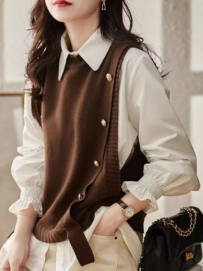 YUNIQEE سترة بدون أكمام بنية ذات ياقة دائرية - Image 1