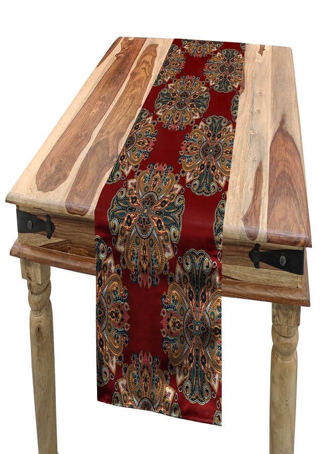 Lunarable Maroon Table Runner, Oriental Traditional Paisley Pattern Mandala Inspired Round Boho Folk Hues, Dining Room Kitchen Rectangular Runner, 12" X 90", Pastel Maroon