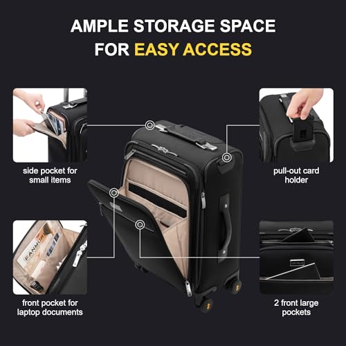 LEVEL8 Carry On Luggage with Compartment, 20 Inch Softside Expandable Travel Rolling Suitcase with Spinner Wheels, Tsa Locks, Men and Women, Black - Image 2