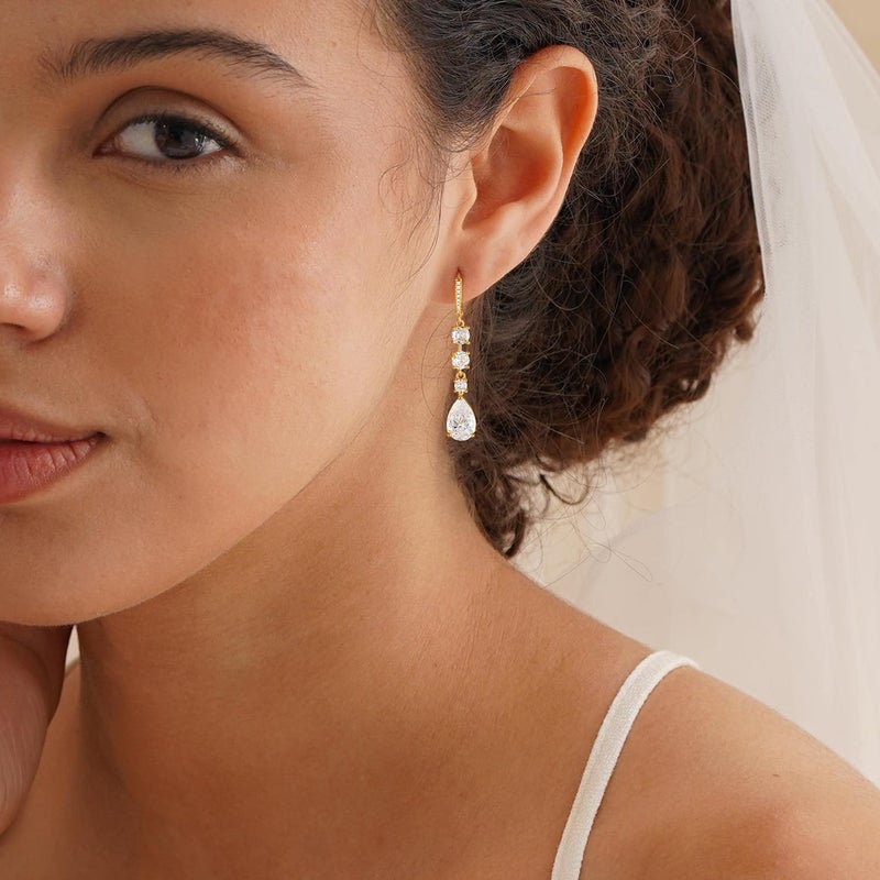 Fglqfam Gold Dangle Earrings for Women, 14K Plated CZ Huggie Drop Earrings, Dainty Long Chain Jewelry Gift for Women Teen Her (Teardrop CZ) - Image 2