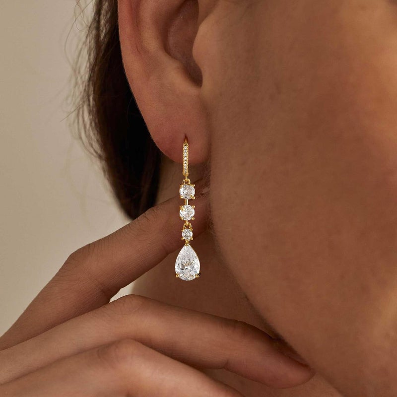 Fglqfam Gold Dangle Earrings for Women, 14K Plated CZ Huggie Drop Earrings, Dainty Long Chain Jewelry Gift for Women Teen Her (Teardrop CZ) - Image 4