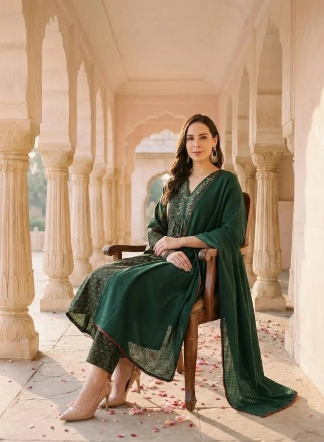 Yuris  Women Green Placement Print Kurta Set, Embroidered V Neck, Straight Kurta With Bottom & Dupatta for Women | Best Price UAE