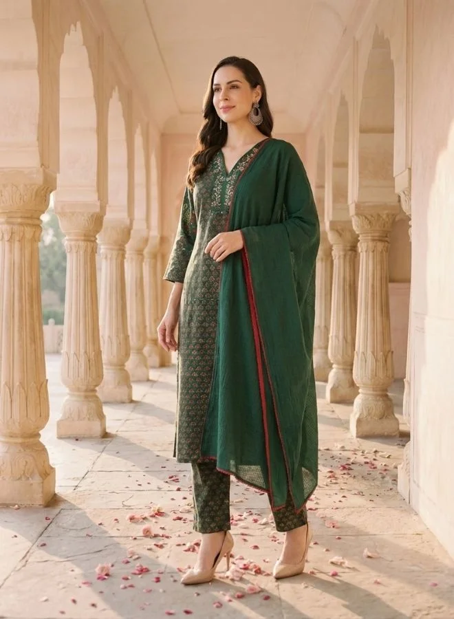 Yuris  Women Green Placement Print Kurta Set, Embroidered V Neck, Straight Kurta With Bottom & Dupatta for Women | Best Price UAE