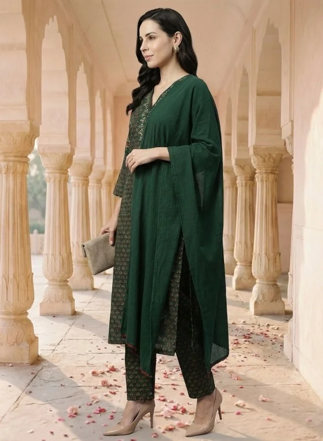 Yuris  Women Green Placement Print Kurta Set, Embroidered V Neck, Straight Kurta With Bottom & Dupatta for Women | Best Price UAE