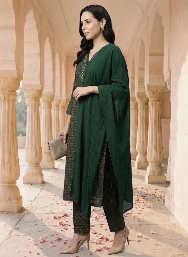 Yuris Women Green Placement Print Kurta Set, Embroidered V Neck, Straight Kurta With Bottom & Dupatta - Image 3